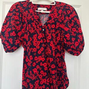 LOFT Women's Floral Round Yoke Puff Sleeve Top